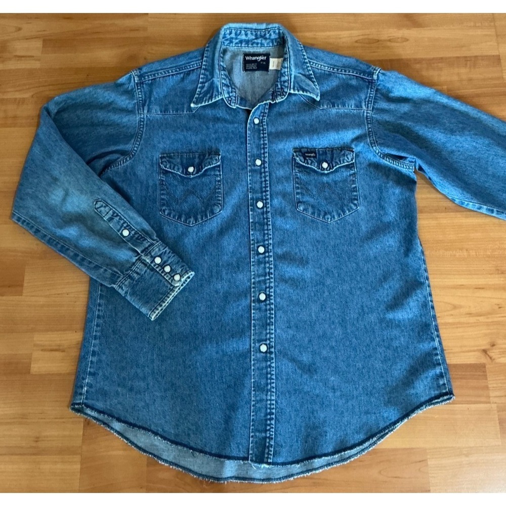 Wrangler USA Made Denim Western Snap Shirt Mens 17 35 XL Tall Blue Pearl Snap - Picture 2 of 8
